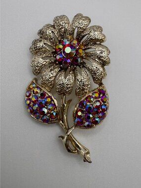 Vintage Floral Brooch AB Rhinestone Gold Tone Textured Flower Pin Large